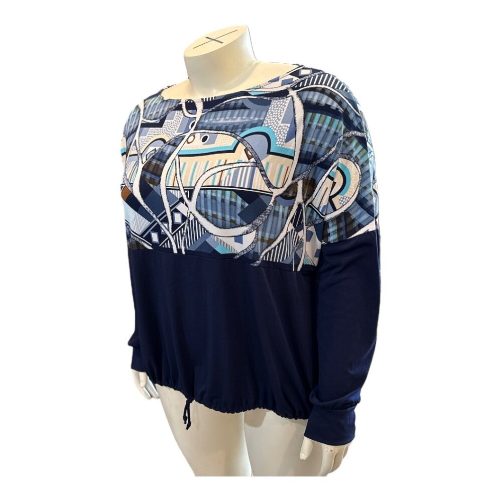 42Pops Long Sleeve Navy Blue Geometric Abstract Tie Waist Top Women's Size 1XL